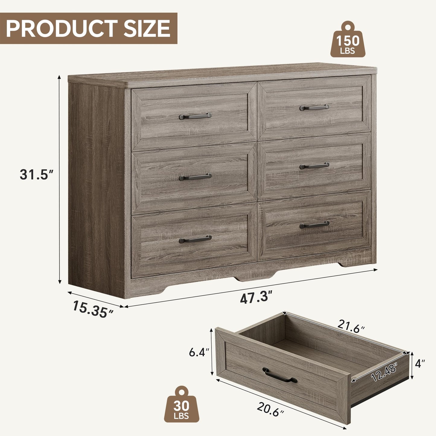 Ball & Cast Farmhouse 6 Drawer Dresser for Bedroom, 47" W Modern Chest of Drawers with Metal Handles, Wood Dresser TV Stand, Dresser Drawer Organizer for Closet, Living Room,Hallway,Gray
