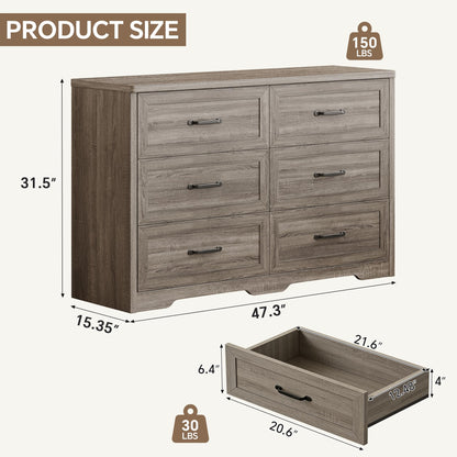 Ball & Cast Farmhouse 6 Drawer Dresser for Bedroom, 47" W Modern Chest of Drawers with Metal Handles, Wood Dresser TV Stand, Dresser Drawer Organizer for Closet, Living Room,Hallway,Gray