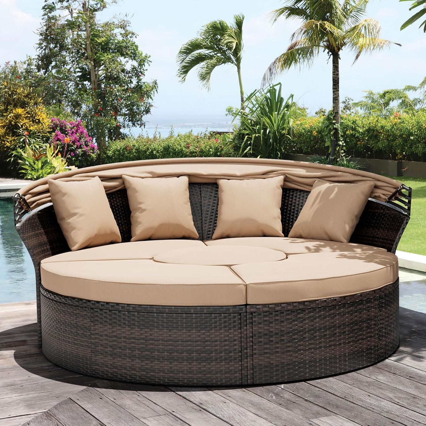 Outdoor Furniture Patio Round Daybed with Retractable Canopy, Black Wicker Clamshell Sectional Seating with Cushions for Patio, Backyard, or Porch, Pool Round Bed (Brown)