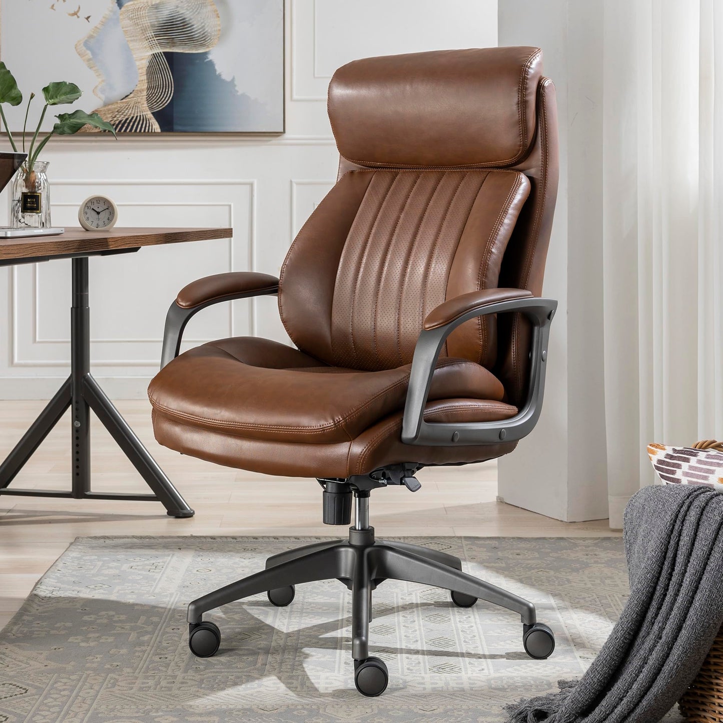 La-Z-Boy Nova Executive Office Chair - Ergonomic High Back Desk Chair with AIR Lumbar Support - Comfortable ComputerChair for Home Office - Vegan Leather - Cognac Brown