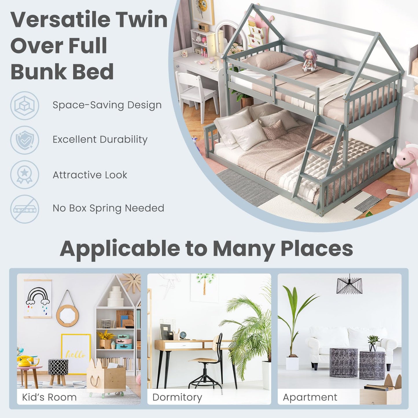 KOMFOTT Wood Twin Over Full House Bunk Bed with Built in Ladder, Solid Pine Wood Bunk Bed Frame with Safety Guardrails, House Bunk Bed Frame for Kids, Teens, Juniors, No Box Spring Needed (Grey)