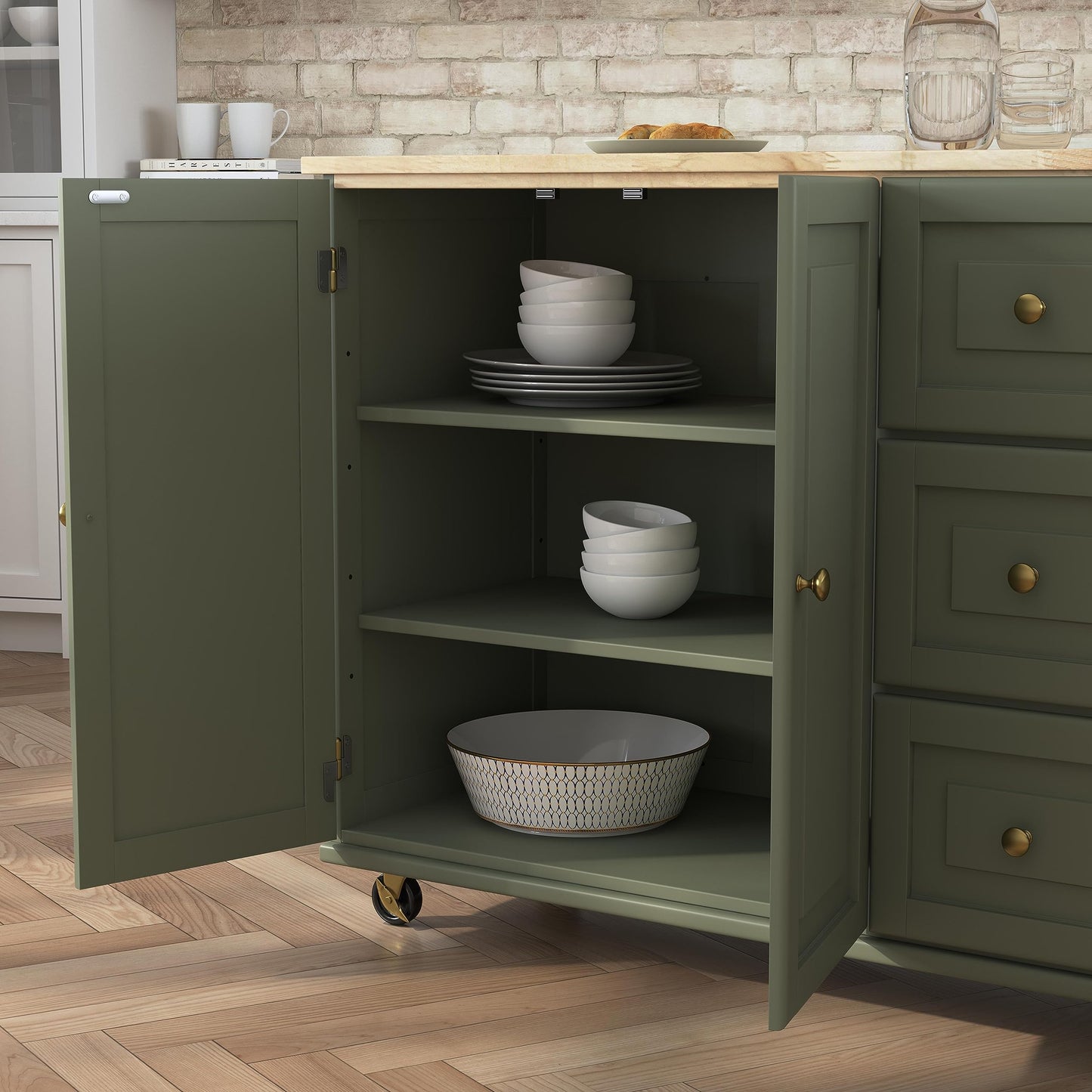 Homestyles Mobile Kitchen Island Cart with Wood Top and Dropleaf Breakfast Bar, 18" D x 53.5" W x 36" H, Green