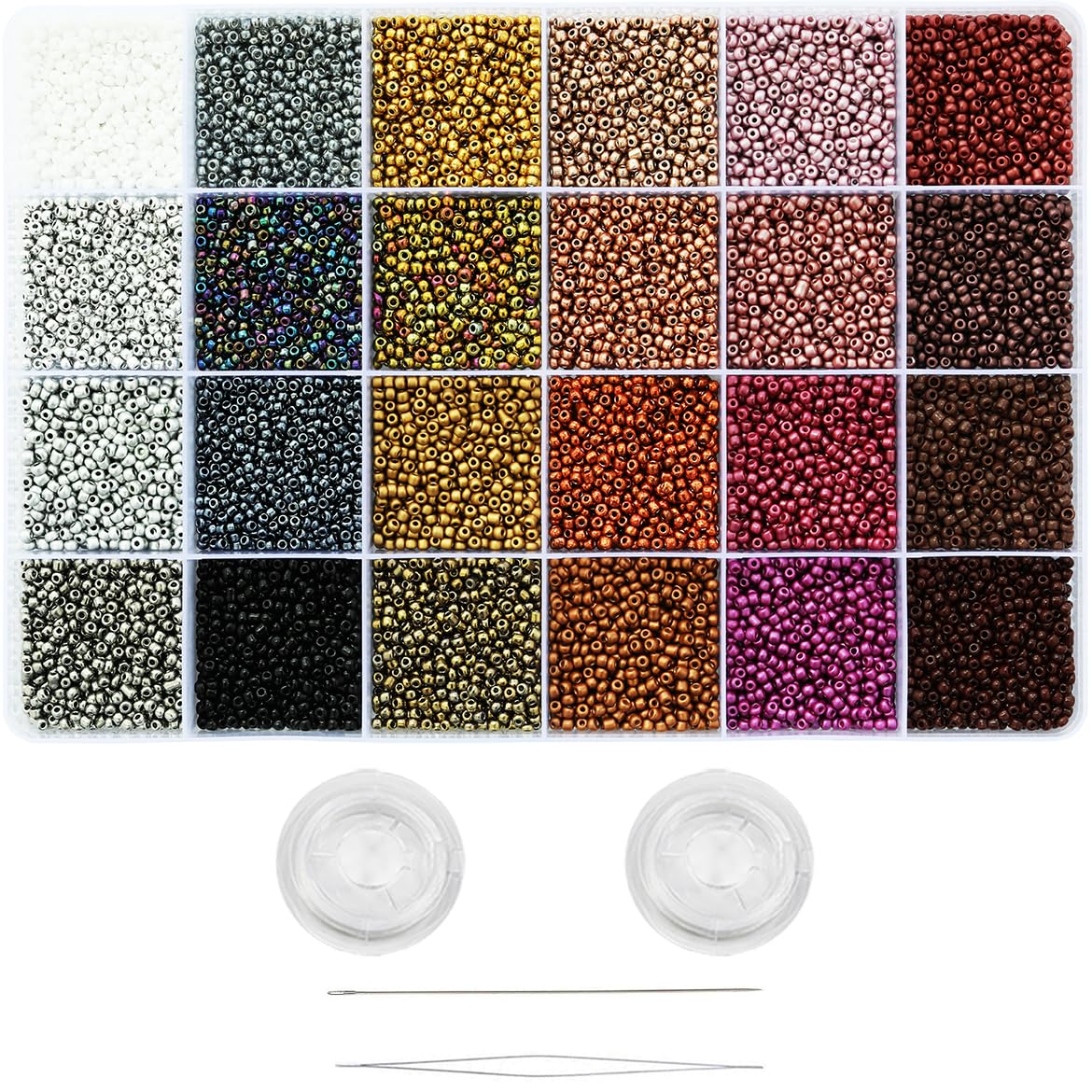 VOOMOLOVE 12/0 Glass Seed Beads About 15800pcs 24 Colors 2mm Loose Seed Beads Kit Bracelet Making with 24-Grid Plastic Storage Box for Jewelry Making（24 Colors）