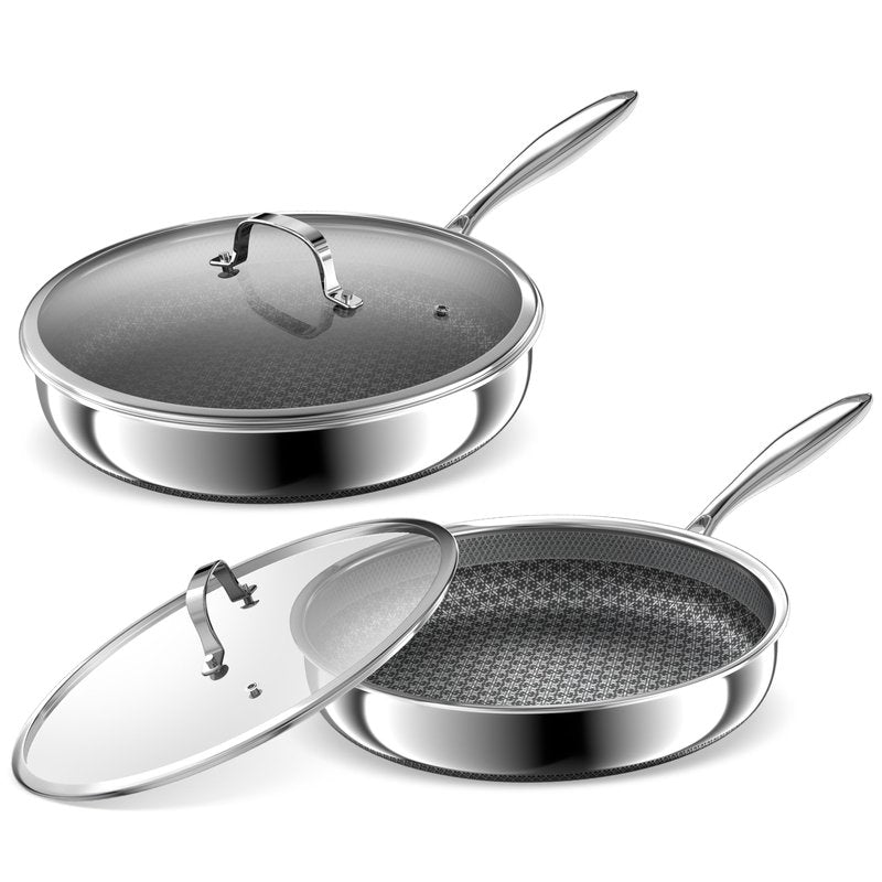 KURRUNGIE Hybrid Non Stick Frying Pans 2 Piece set, Stainless Steel Frying Pans with Tempered Glass Lid, 10" 12" 5 Ply Induction Cookware, Oven-Safe Up to 800°F, Compatible with All Cooktops