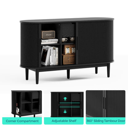 LINSY HOME Sideboard Buffet Cabinet with Storage, 55" Fluted Coffee Bar Cabinet with Tambour Sliding Doors and Drawer, Mid Century Modern Wood Storage Buffet Table for Kitchen (Black)