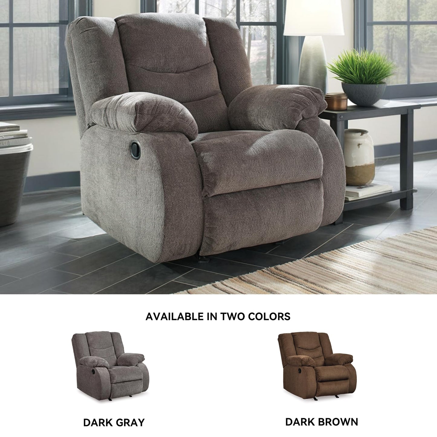 Signature Design by Ashley Tulen Contemporary Rocker Recliner, Gentle Rocking Motion, Pull Tab Reclining, Fabric Upholstery, 39" W x 40" D x 40" H, Dark Gray