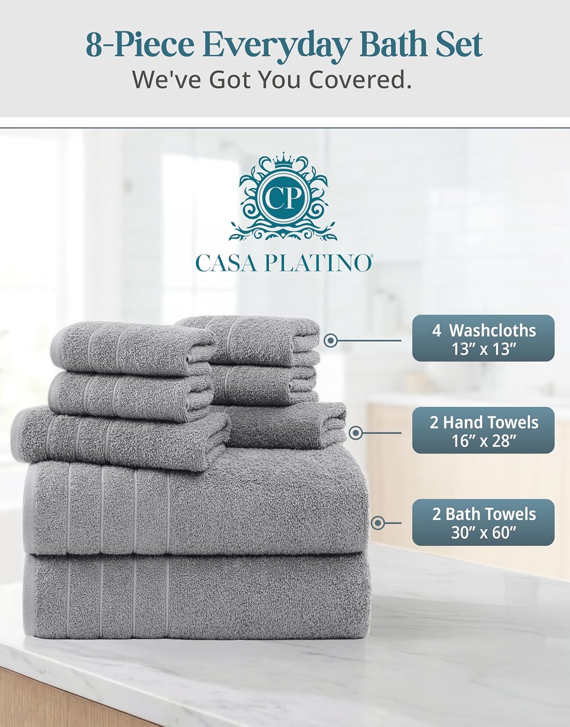 Set 8 2 4 2 Casa Platino Premium Cotton Bath Towel Pcs - Super Soft, Durable & Highly Absorbent - Bath, Washcloths