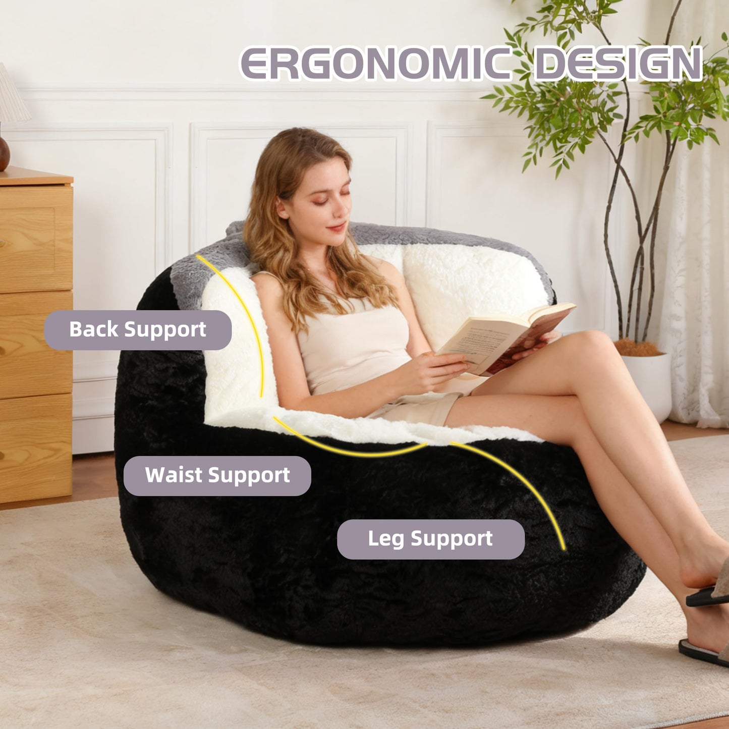 Oversized Bean Bag Chairs,Multicolor Faux Fur Couch Filled with Shredded Sponge,Large Lounger Sofa for Living Room,No Assembly Required, Black+White+Grey