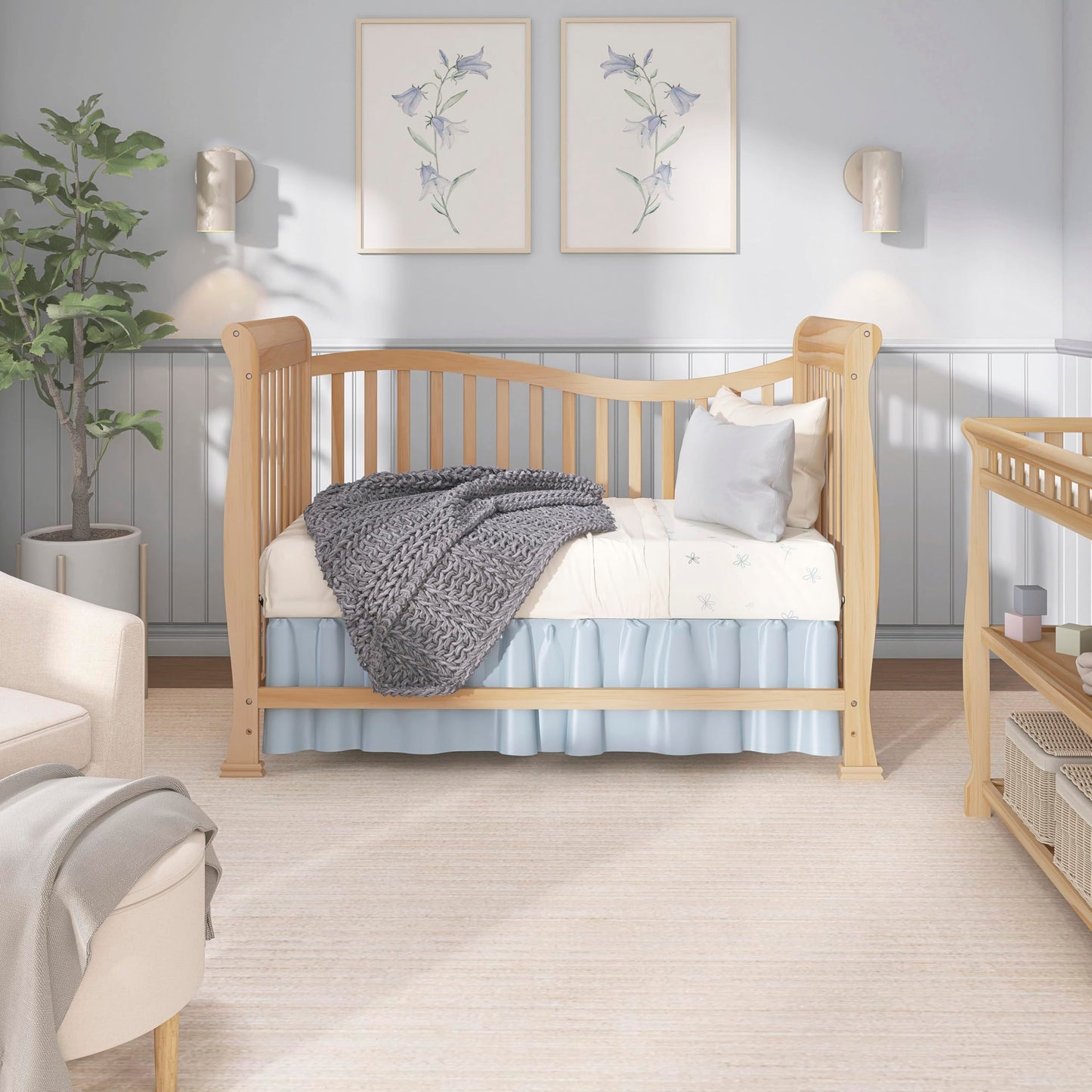 Dream On Me Violet 7-in-1 Convertible Full-Size Baby Crib with Toddler, Day & Full Bed Conversion in Natural, GreenGuard Gold & BSA, 4 Mattress Heights, Sustainable Pinewood