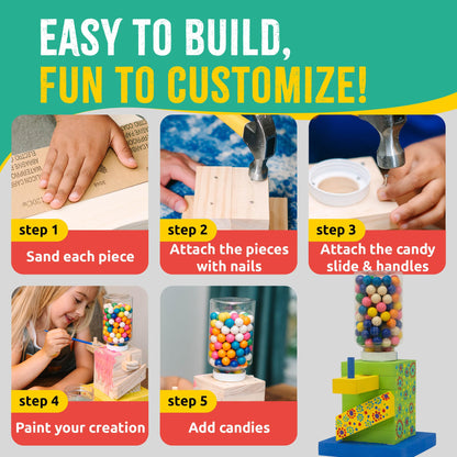 SparkJump Candy Dispenser Woodworking Kit – Complete STEM Building Kit for Kids with FSC-Certified Wood, Paints & Tools, DIY Gumball Machine Craft for Boys & Girls, Ages 6+