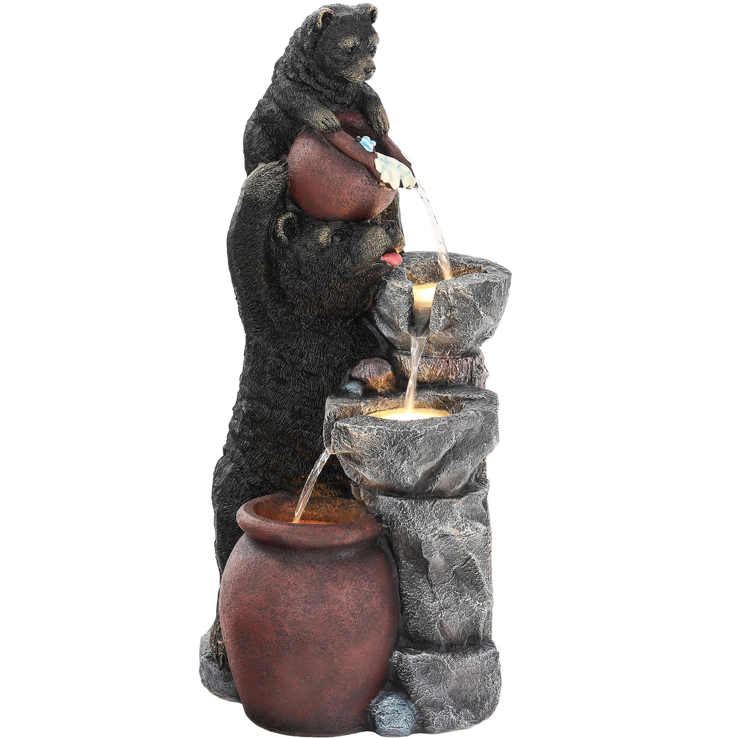 Ultym 37.5" H Resin Playful Twin Bear Fountain Outdoor, Whimsical Multi-Tiered Stone Vessel Water Feature Outdoor with Lights, Soothing Cascading Waterfall for Patio, Backyard, Garden or Porch