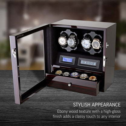 4 Watch Winder with 5 Watch Storage Space, LCD Display, Touch Control and Interior Light (Ebony + Black Velvet)