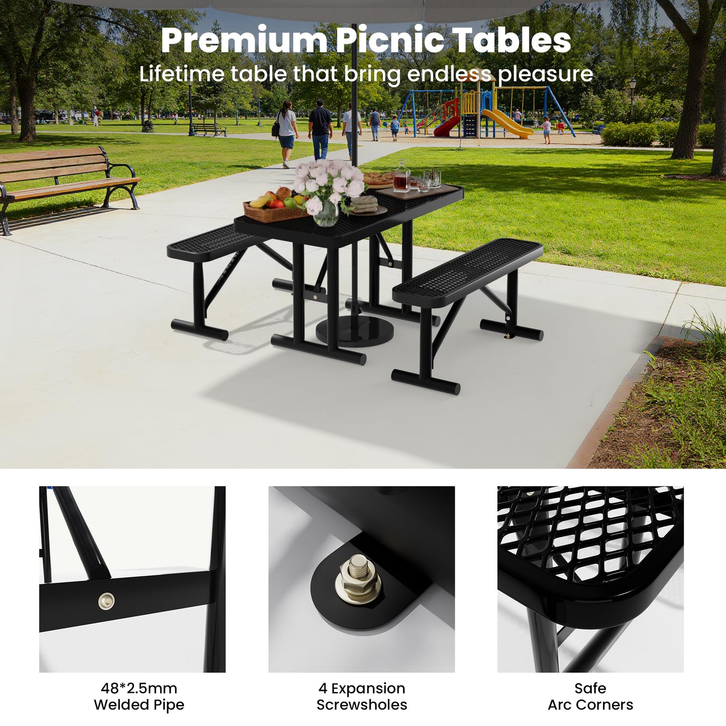 Sunnibety 4FT Metal Picnic Tables for Outdoors, Commercial Rectangular Picnic Table for Outside, Park, Campfield, Patio, Garden, Yard, Thermoplastic Coating, Surface Mounted, Black