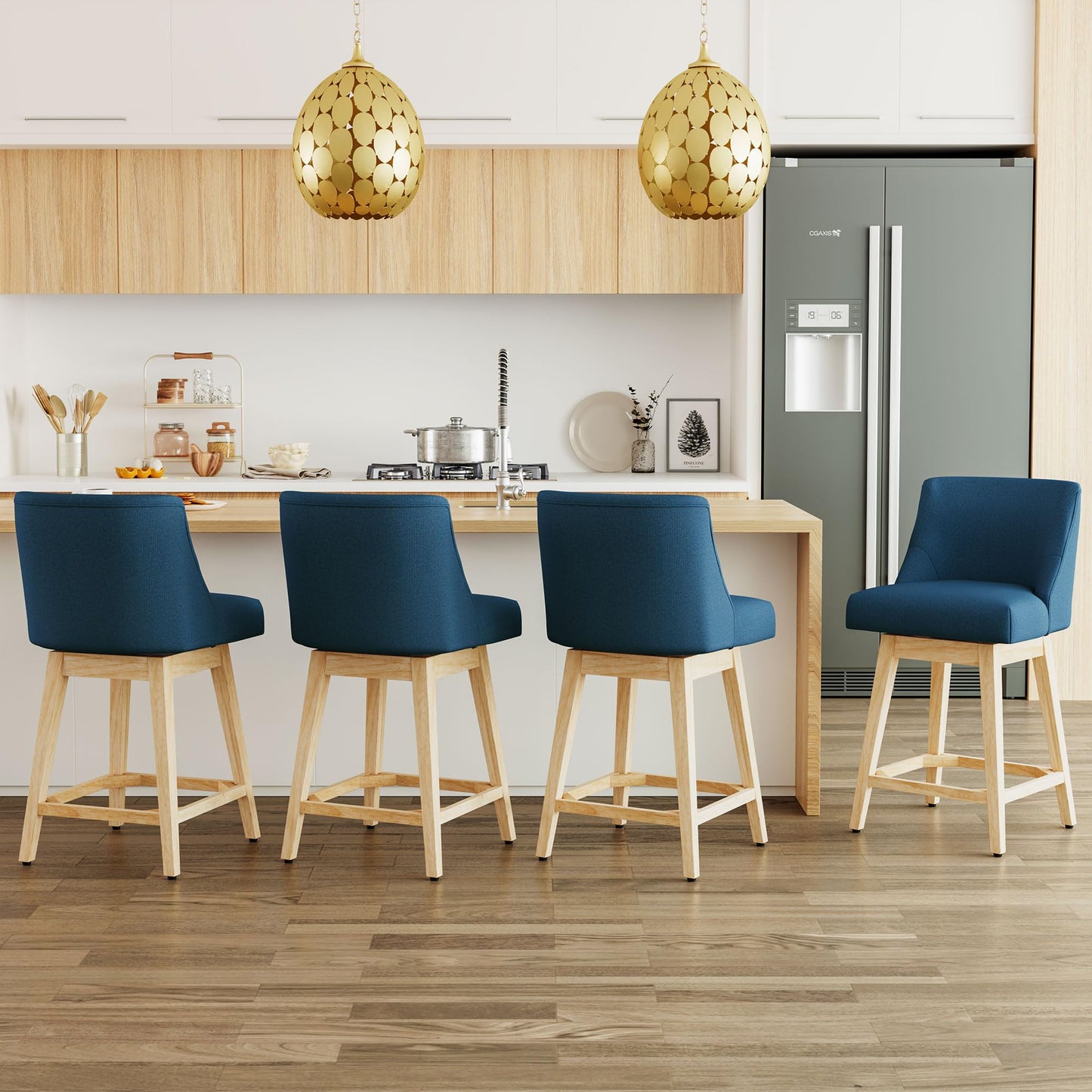 Vipbear Counter Height Bar Stools Set of 2, 26" H Modern Swivel Bar stools with Contoured Back and Solid Wood Legs, Linen Fabric Upholstered Counter Bar Chairs for Kitchen Island, Blue