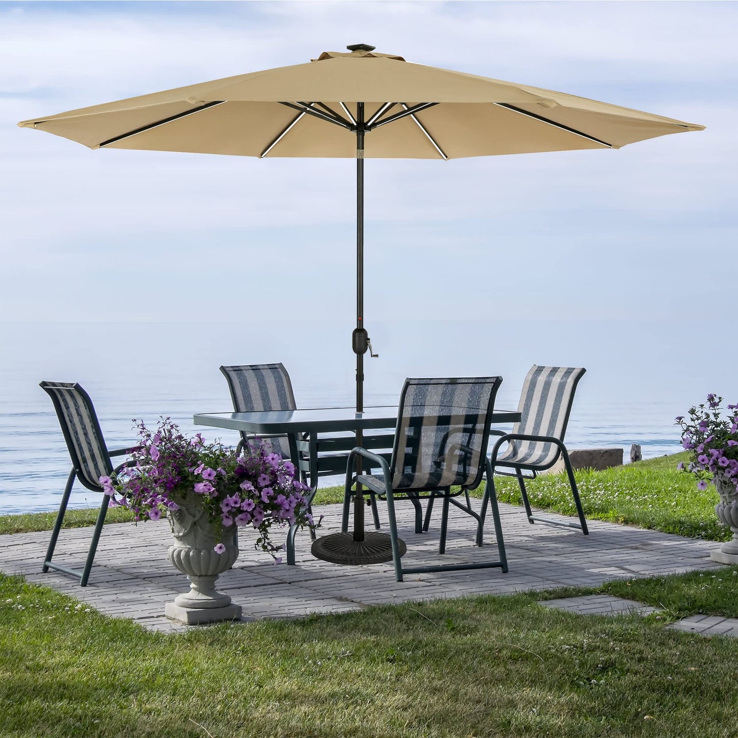Island Umbrella Calypso 11 ft Octagon Patio Umbrella – With Crank Lift, Push-Button Tilt, Rust-Resistant Aluminum Pole, 8-Rib Frame, Solar LED Lights & Breez-Tex Weather-Resistant Canopy – Champagne