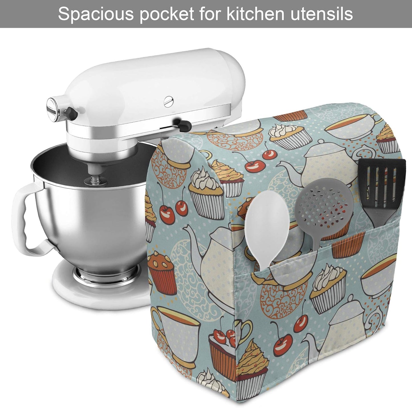 Lunarable Tea Party Stand Mixer Cover, Retro Style Kitchen Appliance Organizer Bag with Pocket, 6-8 Quarts