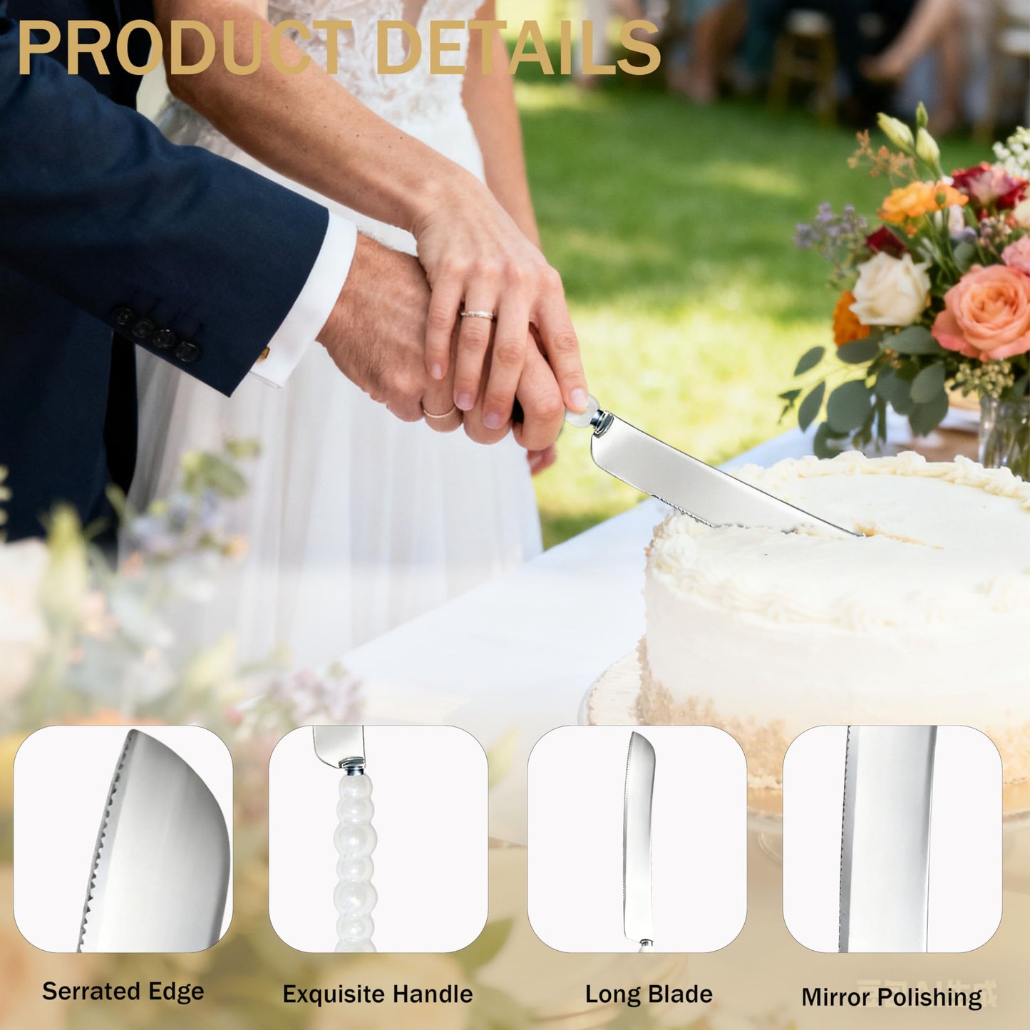 TRILVIX Wedding Cake Knife and Server Set, Elegant Ceramic Pearl Handle Cake Cutting Set for Wedding, Stainless Steel Cake Cutting Set, for Weddings, Anniversaries, and Engagement Gifts for Couples