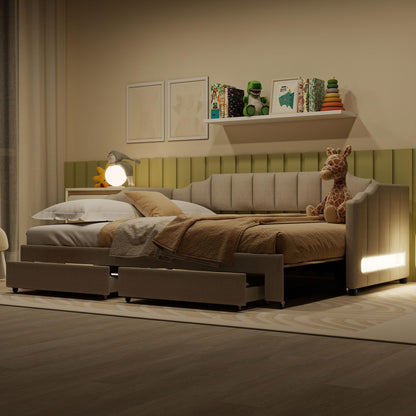 Bellemave Twin XL Size Daybed Frame with Pop up Trundle,Upholstered Day Bed with Two Storage Drawers and LED Light,Twin XL to King Daybed,Beige