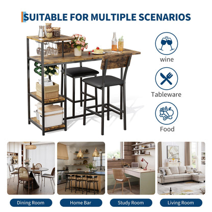 GarveeHome Bar Table and Chairs Set for 2, 3-Piece Bar Table Set with Storage Shelves, Cup Holder & Wine Rack, PU Leather Bar Stools, Small Dining Table for 2 for Kitchen, Breakfast Nook, Brown