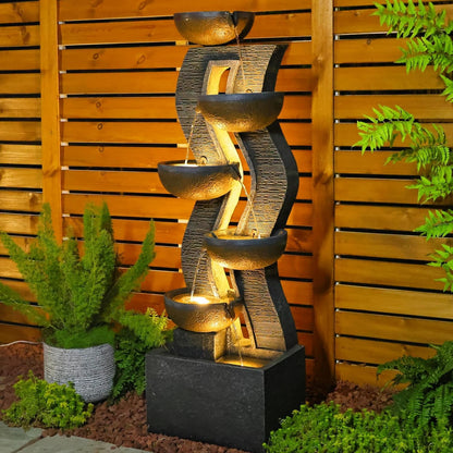 Takamota 52.8" Tall Outdoor Water Fountain with Lights, 6-Tier Cascading Resin Waterfall Feature for Porch, Garden, Yard, Deck, Patio – Large Freestanding Outdoor Fountain and Waterfall Outside Decor
