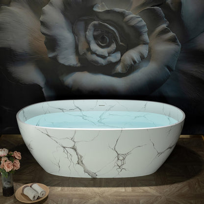 WOODBRIDGE 67" Marble-Pattern Stone Resin Freestanding Soaking Tub, Modern Oval Solid Surface Bathtub with Integrated Slotted Overflow & Drain, Matte Finish, CST0745