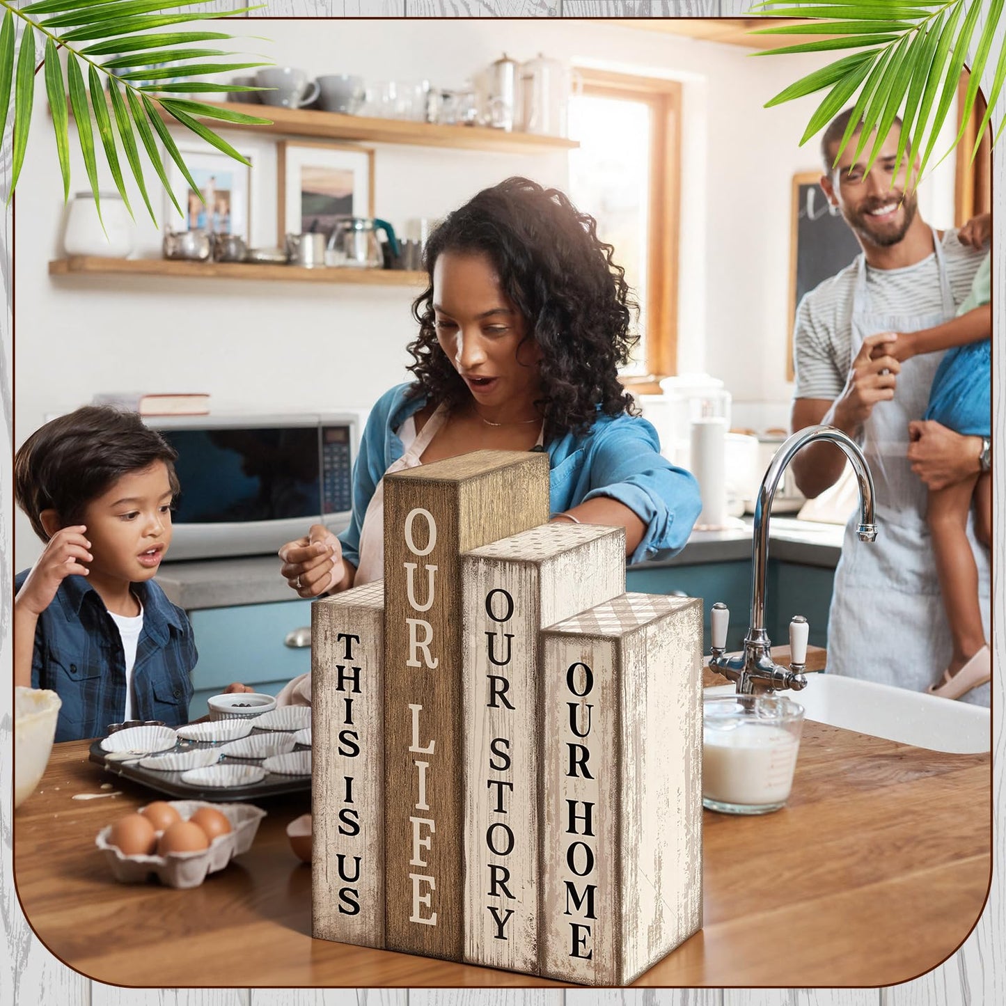 Lineshading 4 Pcs Farmhouse Table Decor Wooden Rustic Our Home Our Story Life Table Centerpiece Farmhouse Book Stack Block Sign for Tabletop Shelf Tiered Tray Desk Living Room Fireplace Home