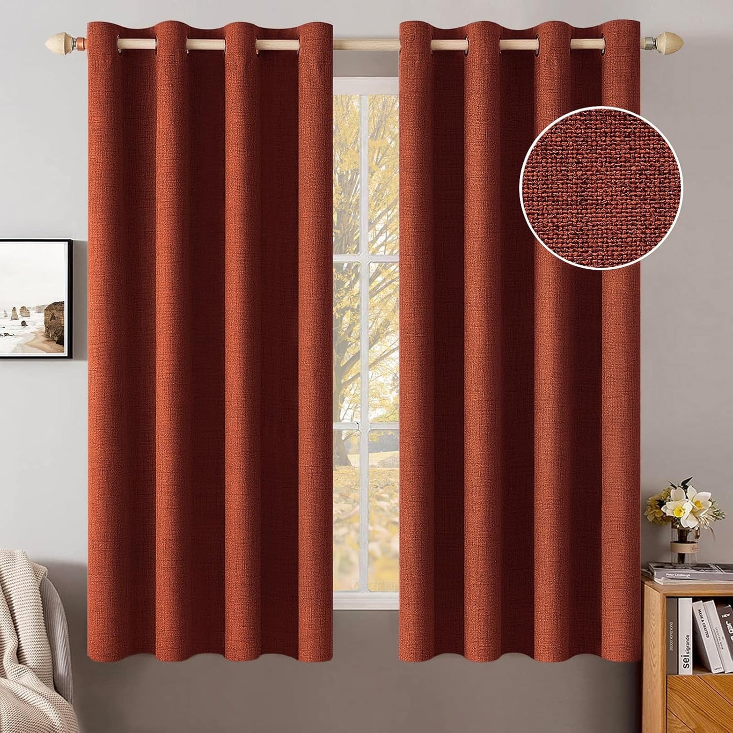 MIULEE Blackout Linen Curtains - 100% Thermal Insulated Burnt Orange Drapes | 52 x 54 Inch (2 Panels)