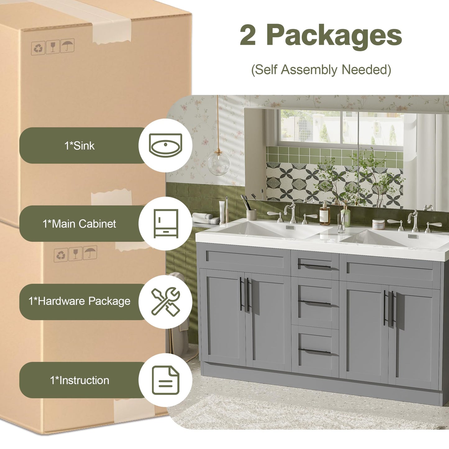 Merax Modern 59.3'' Large Bathroom Vanity with Double Sink Combo, Wood Bathroom Storage Cabinet with Soft Close Door & 3 Drawers, Vanities Set, Space Saving, Gray