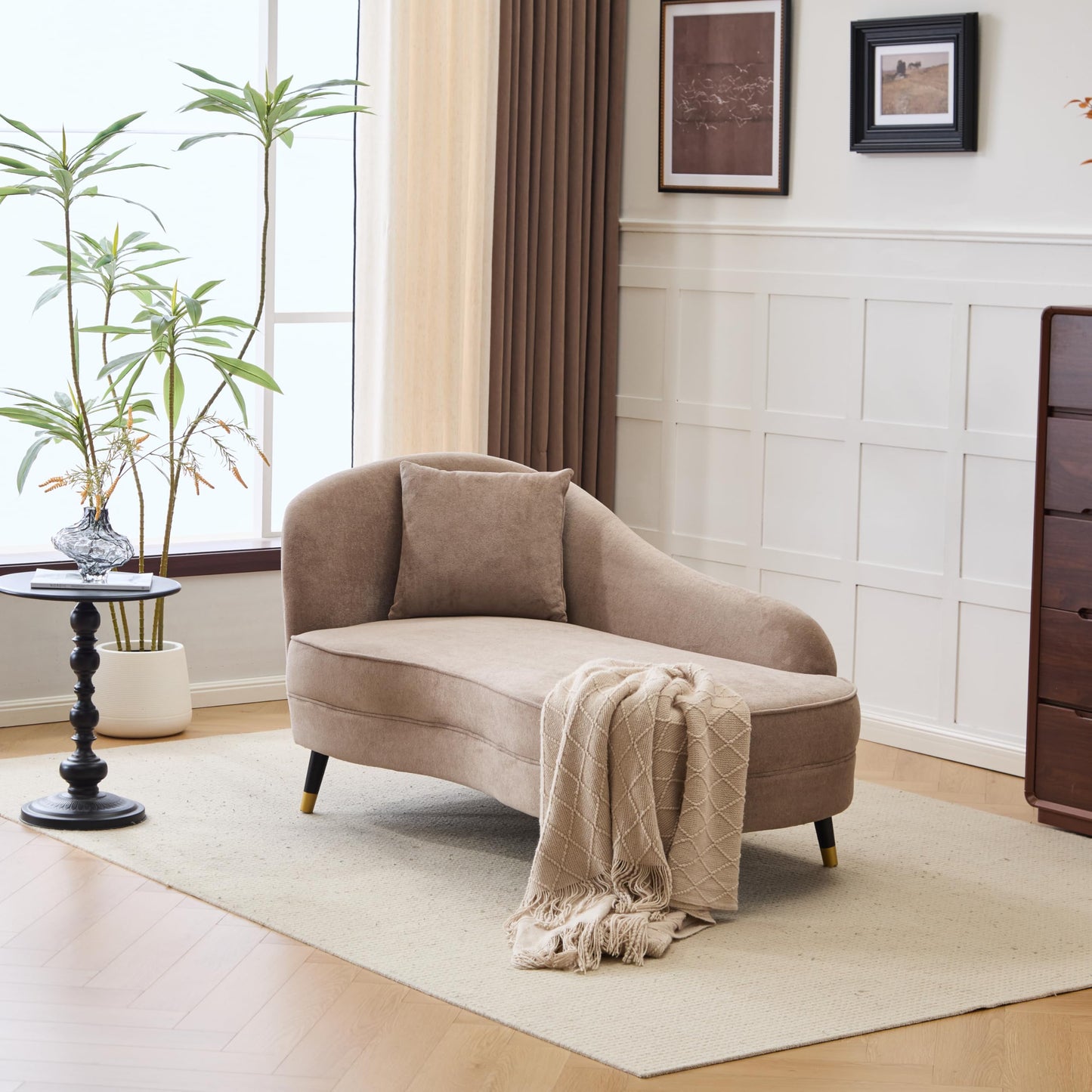 Christopher Knight Home Harlow Velvet Upholstered Chaise Lounge Chair Indoor, Wooden Chaise Lounge Sofa with Accent Pillow, Living Room Lounge Chair with Left Armrest, Camel