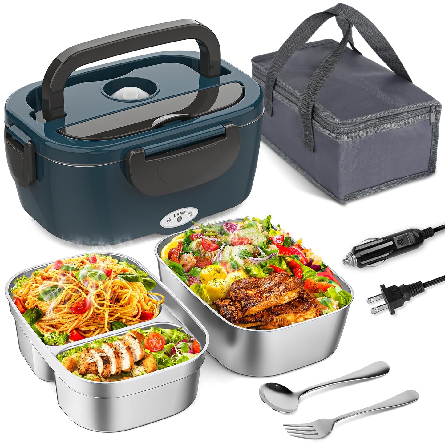 Vingud Electric Lunch Box for Adults, Heated Lunch Box for Men Women with Dual 1.5L SS Containers, Portable 80W Food Warmer for Car/Truck, Lonchera Eléctrica Portátil Christmas White Elephant Gift