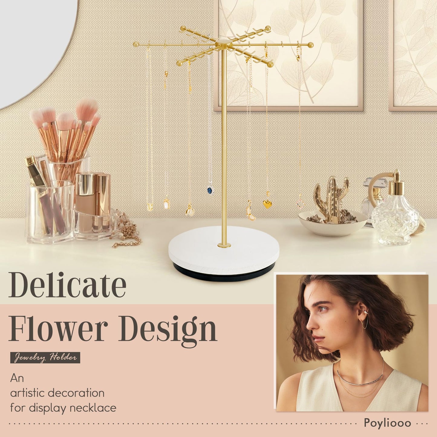 Poyilooo Necklace Holder Jewelry Stand, Rotating Necklace Holder Organizer with 48 Hooks for Necklace Earring Keychains Bracelet Display Stand, Metal Necklace Tree Stand -Women Gifts (Gold)