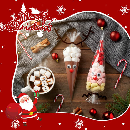 Resholder 300 Pcs Christmas Reindeer Cone Cellophane Bags Kit DIY 7.1x14.6 Inch Clear Cone Shaped Treat Bag with Pipe Cleaner Wiggle Eyes Nose for Popcorn Cotton Candy Goodie Cookie Party Favor