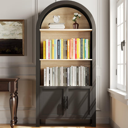 KEIKI 66.7" Tall Arched Bookshelf, Modern Bookcase with 3-Tier Storage Shelf & Cabinet, Large Wooden Open Display Book Shelves, Space-Saving Corner Book Shelf for Home Office Living Room, Black