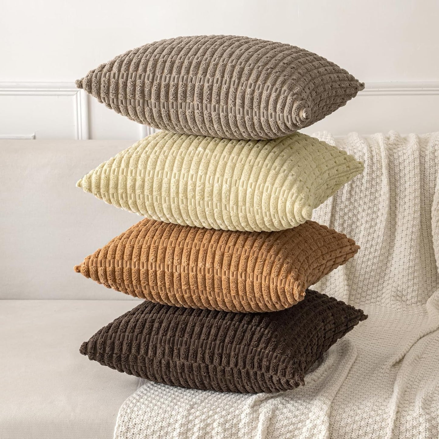 MIULEE Corduroy Throw Pillow Covers - Soft Boho Striped Design | 20x20 Inch, Brown, Perfect for Modern Farmhouse Decor