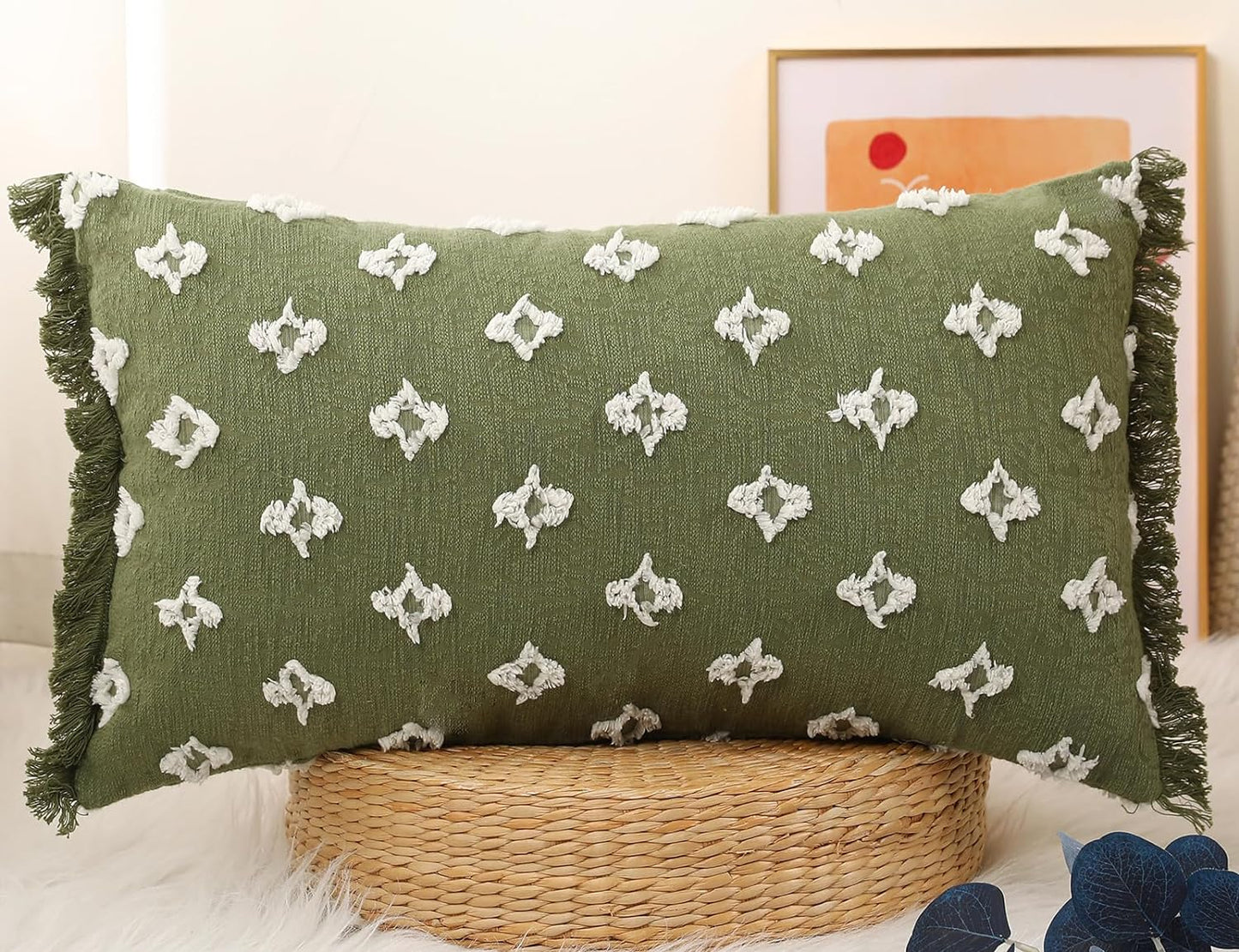 16x26 Tassel,3D Boho Long Lumbar Pillow Cover with Flower Patterned Cotton Decorative Long Lumbar Pillow Cover Pillow