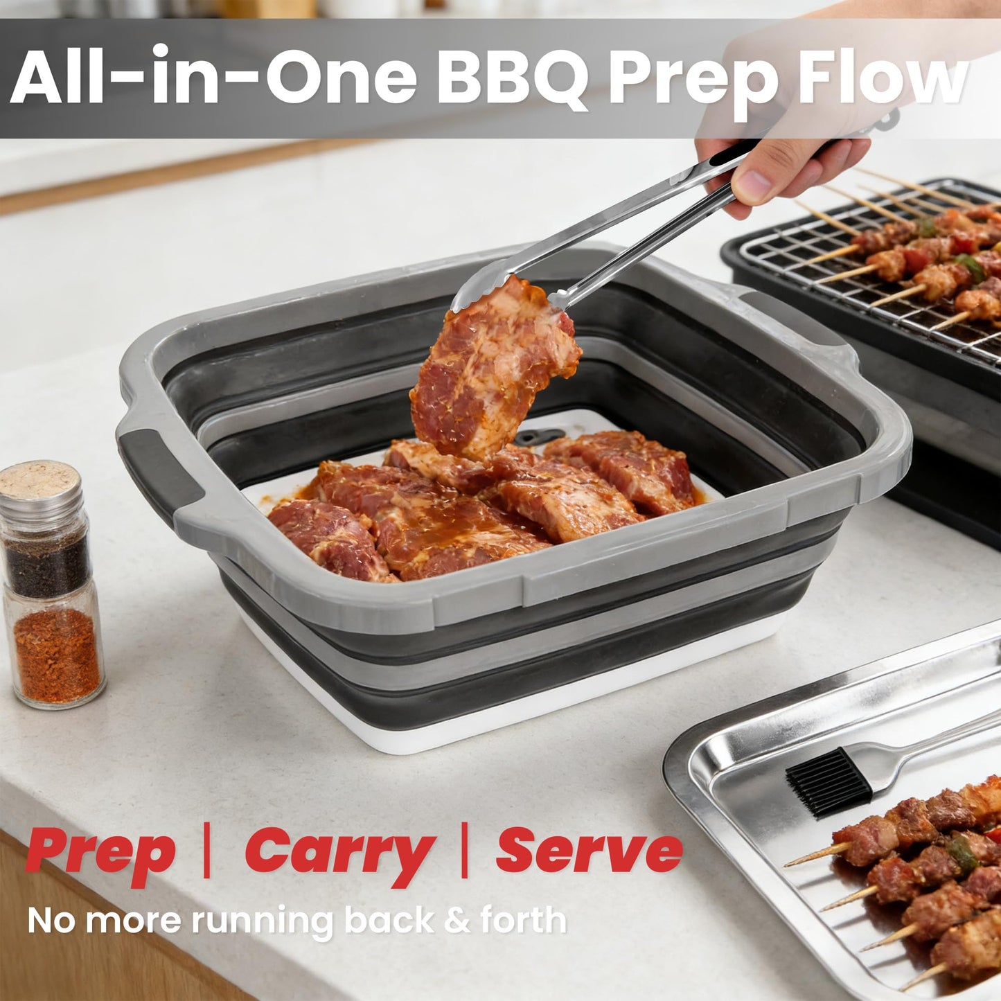 Collapsible BBQ Prep Tub with Lid, 4-Piece 16L Foldable Meal Prep & Marinating Container Set with Stainless Steel Tray, Tongs & Brush, Prep Surface for Food Cutting, Kitchen, Camping & Outdoor Cooking
