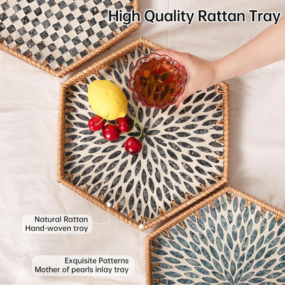 14.5"12.8") Hexagon Rattan Tray with Mother of Pearl Inlay, Rattan Serving Tray for Coffee, Bread, Fruits, Snacks