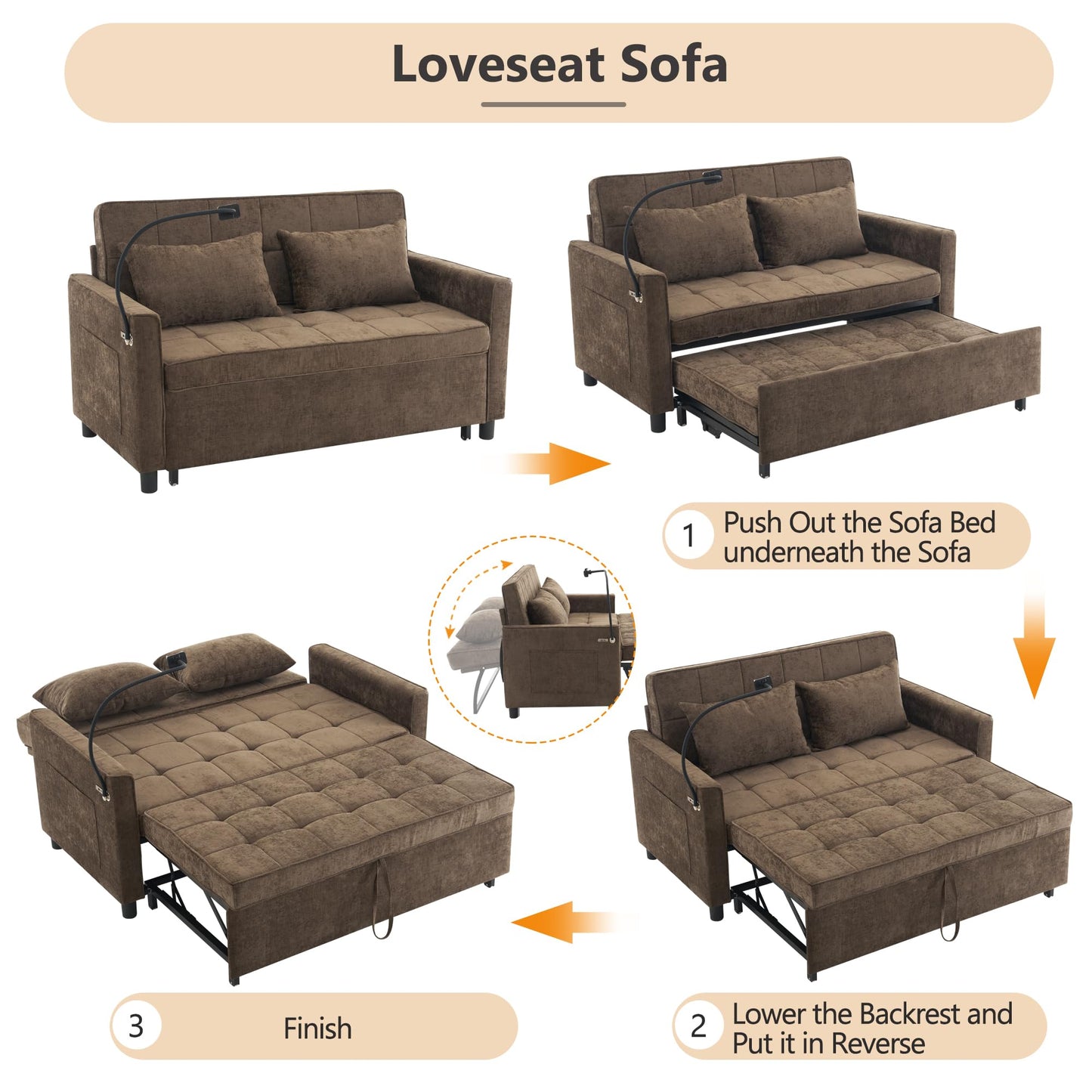 Merax 3 in 1 Convertible Sleeper Sofa Bed, Futon Couches for Living Room with USB Ports | Phone Holder| Reversible Backrest | Pull Out Couch |Small Loveseat, Brown