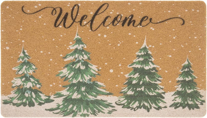 Winter Welcome Mats for Front Door, Faux-Coir Pinetree Door Mat 17x30 inch
