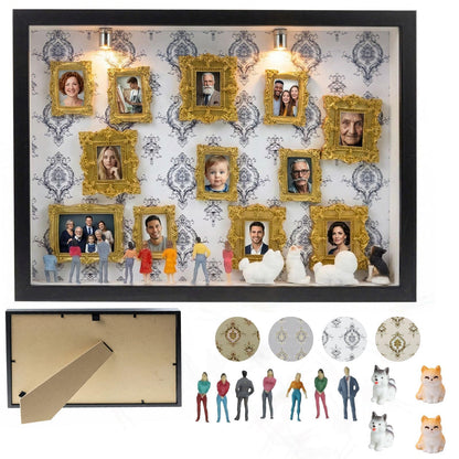 All-in-One DIY Shadow Box Kit,Mini Gold Frames with Museum of Figurines | LED-Illuminated Silhouette Box Memory Collage | Anniversary/Wedding Eco-Friendly Decor Gift (G Style)