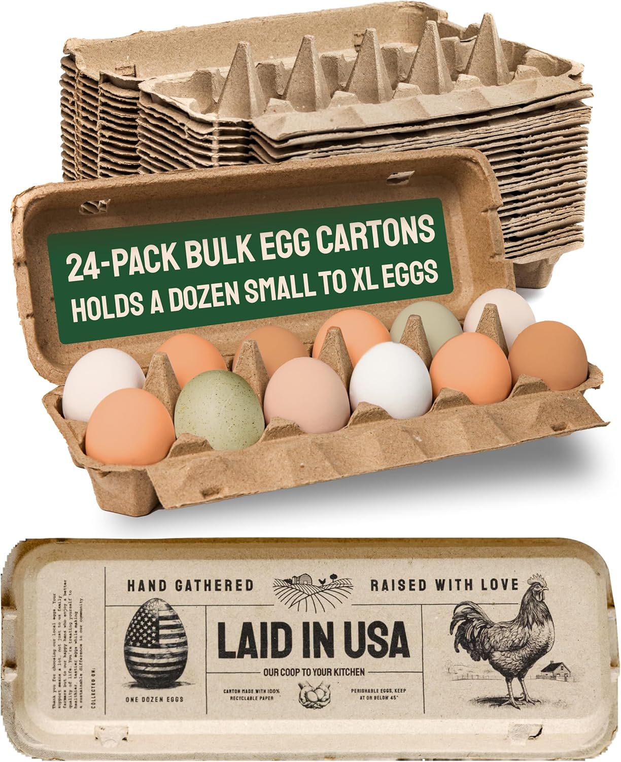 24-Pack, 12-Count Dozen PTCOM Hatortempt Bulk Egg Cartons - Reusable Basket - Recycled Paper Pulp Protection