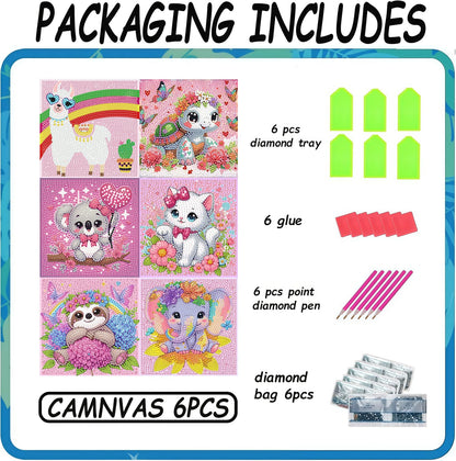 Acelii 6 Pack 5D Elephant Diamond Painting Kits for Kids Beginners,Cute Animals DIY Diamond Art Kit for Kids,Full Round Drill Big Gem Art for Kid,Home Wall Decoration 6X6 inch