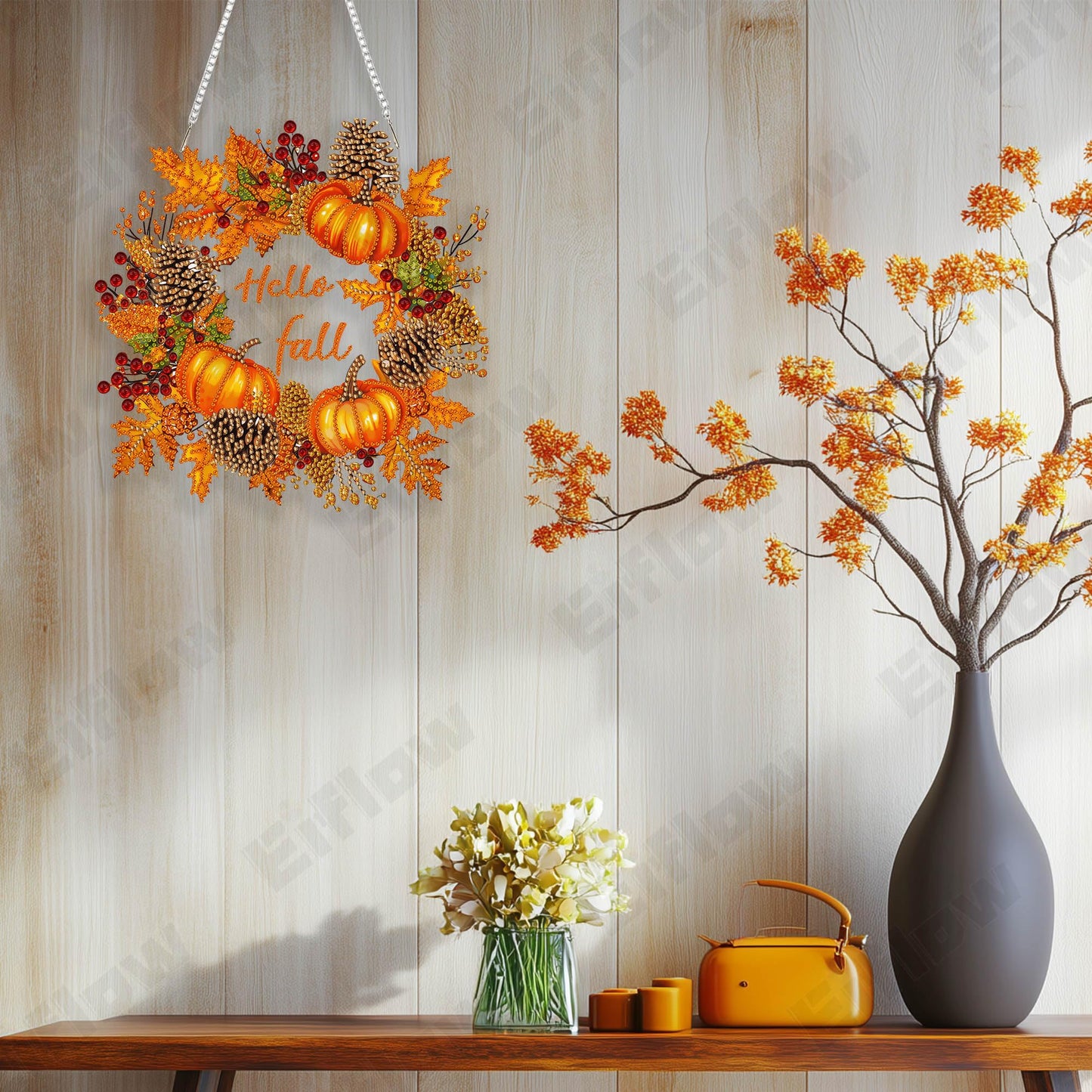Eiflow Fall Diamond Art Hanging Kit for Adult Pumpkin Wreath, DIY Acrylic Diamonds Painting Ornament Double Sided Pendant Board Kit(Hello Fall)