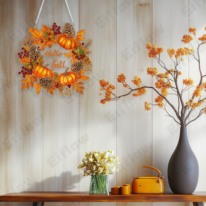 Eiflow Fall Diamond Art Hanging Kit for Adult Pumpkin Wreath, DIY Acrylic Diamonds Painting Ornament Double Sided Pendant Board Kit(Hello Fall)