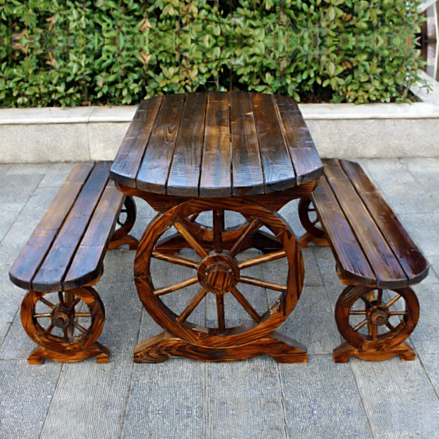LLZJDDPLY Outdoor Picnic Table and Bench Set, Patio Dining Set Wooden Wagon Wheel, Outdoor Dining Table and Chair, for Garden Yard Porch(160cm/63in)