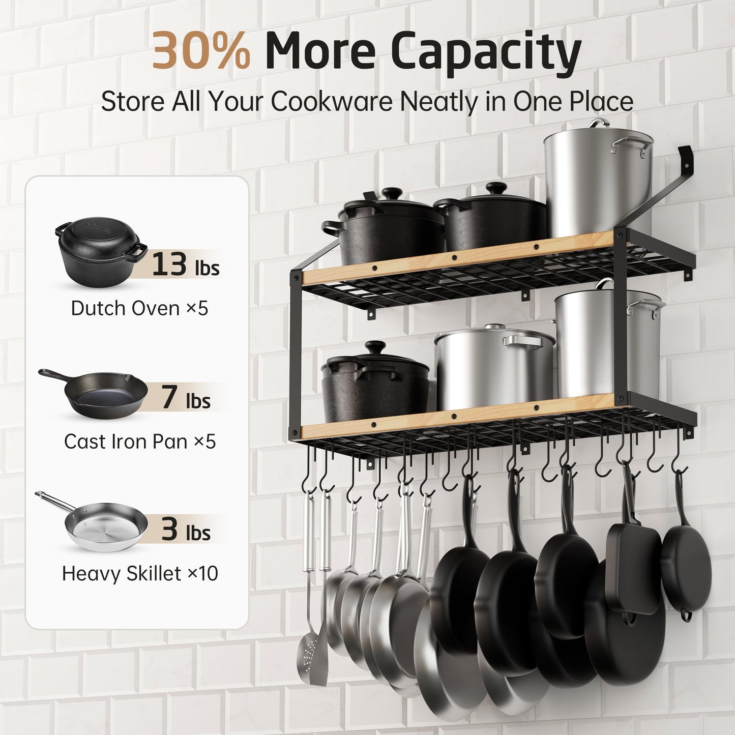 KES 132lb Heavy Duty Hanging Pot Rack Wall Mounted, 34 Inch Solid Wood Pot Rack Wall Mounted with 20 Sturdy Hooks, 2-Tier Wooden Pots Hanger Organizer Matte Black, KUR529S85B-BK
