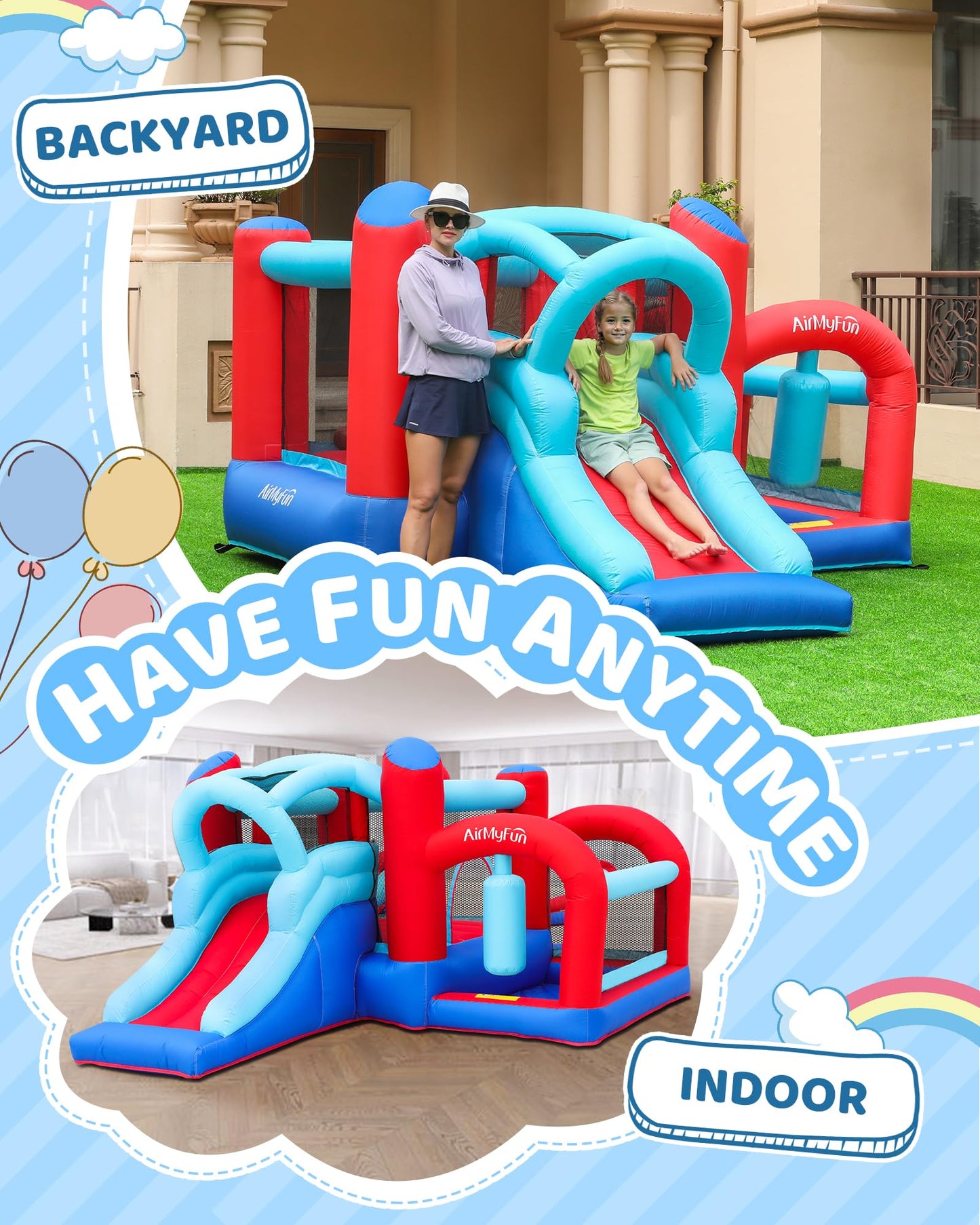 AirMyFun Inflatable Bounce House, Bouncy House with Slide,Indoor Outdoor Bounce House with Ball Pit,Basketball Hoop,Target Balls and Boxing,Inflatable Bouncer for Party