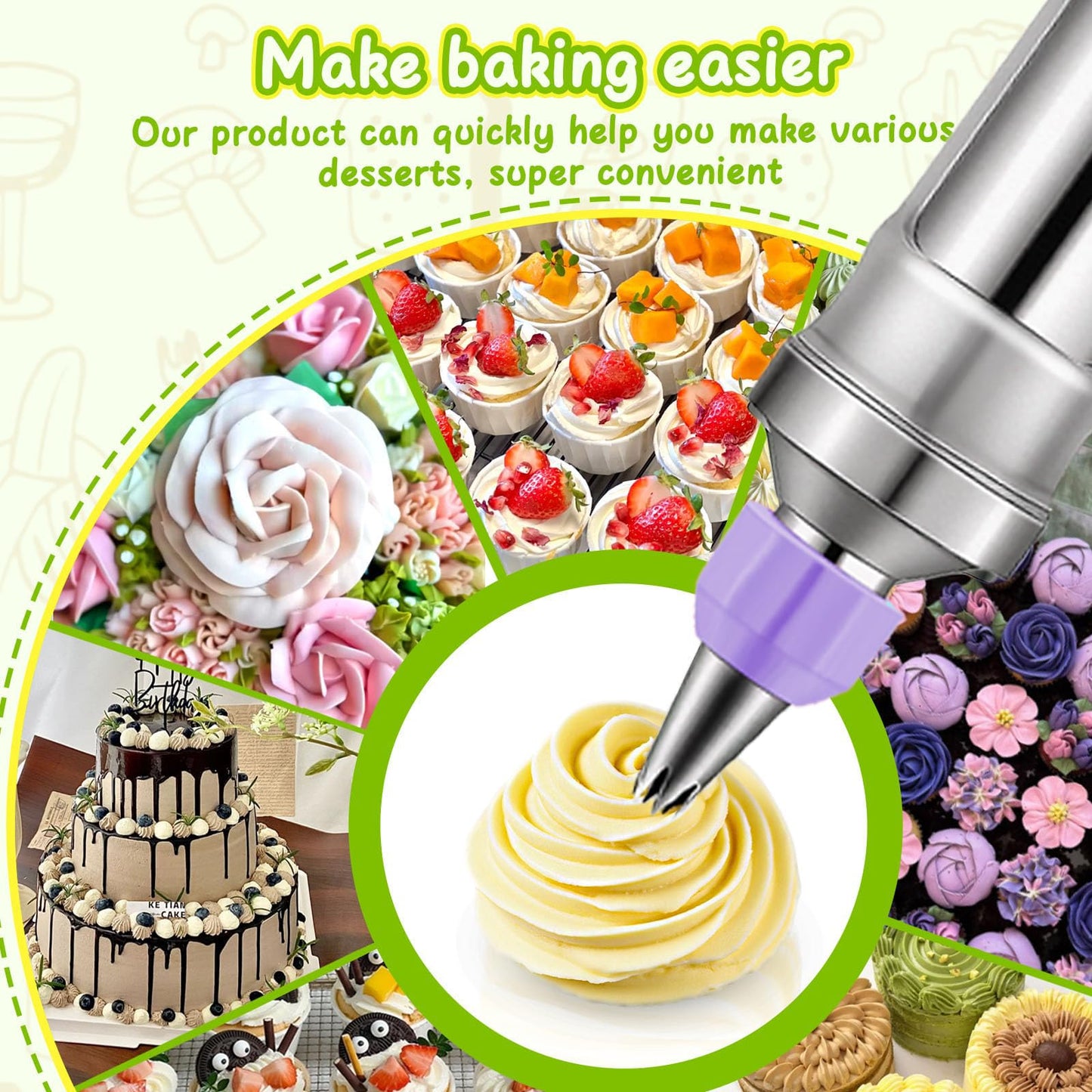 Novano Dessert Decorating Syringe Set, Frosting Piping Kit Stainless Steels Cake Decorating Kit with 6 Piping Tips & 9 silicone cupcakes, Cupcake Decorating Kit Piping Bags and Tips Set