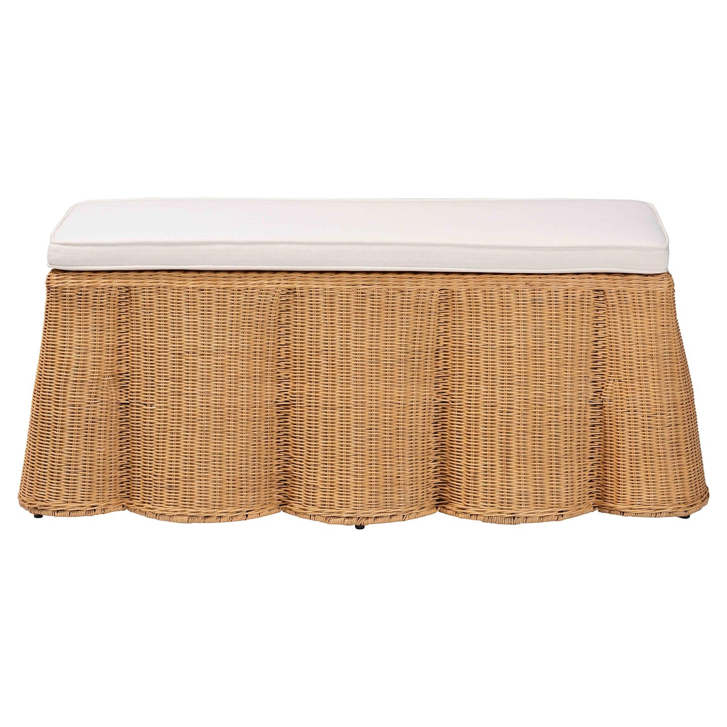Bali & pari Palm Scallop Natural Rattan Ottoman with Cushion – Handwoven Wicker Accent Bench for Living Room, Bedroom or Entryway, Coastal Boho Style Accent Furniture, 46-inch Wide, Rectangular