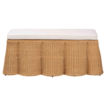 Bali & pari Palm Scallop Natural Rattan Ottoman with Cushion – Handwoven Wicker Accent Bench for Living Room, Bedroom or Entryway, Coastal Boho Style Accent Furniture, 46-inch Wide, Rectangular